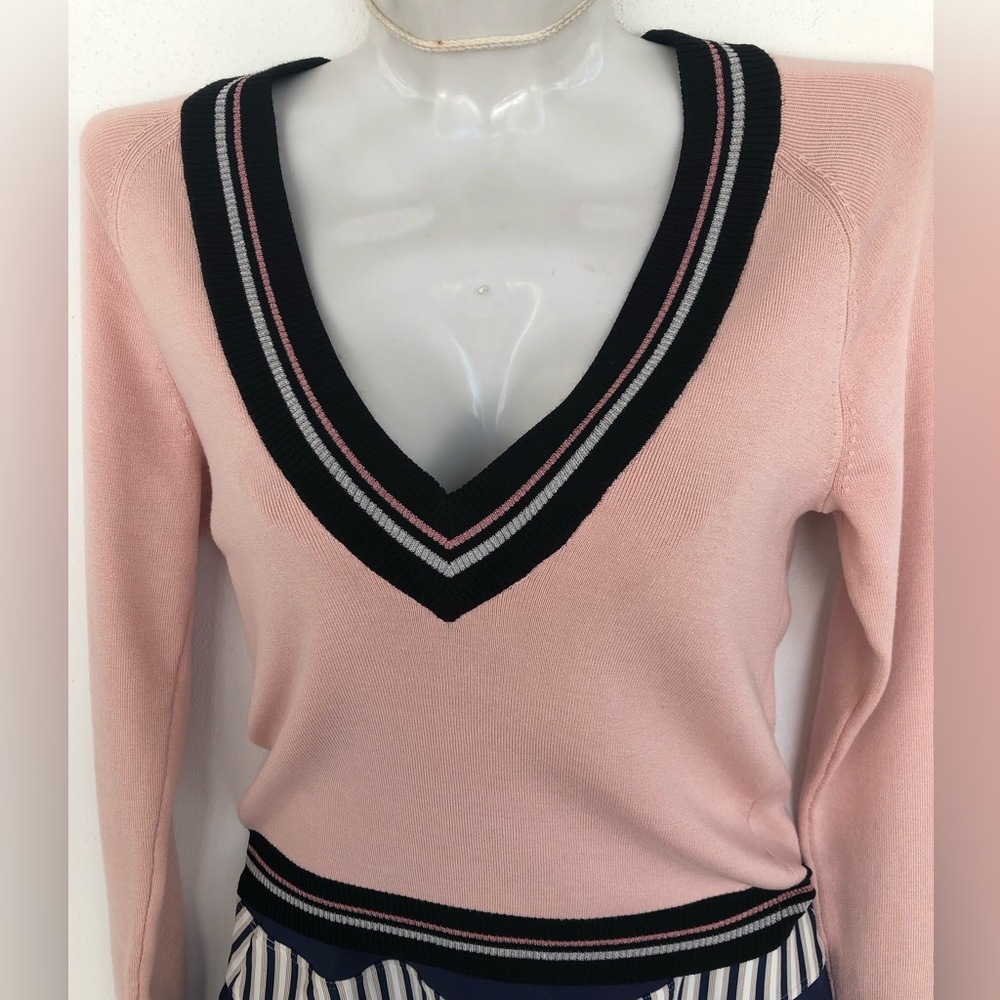 La Perla V-Neck Silk Sweater with Black/ Purple/Silver Trim. Size XS